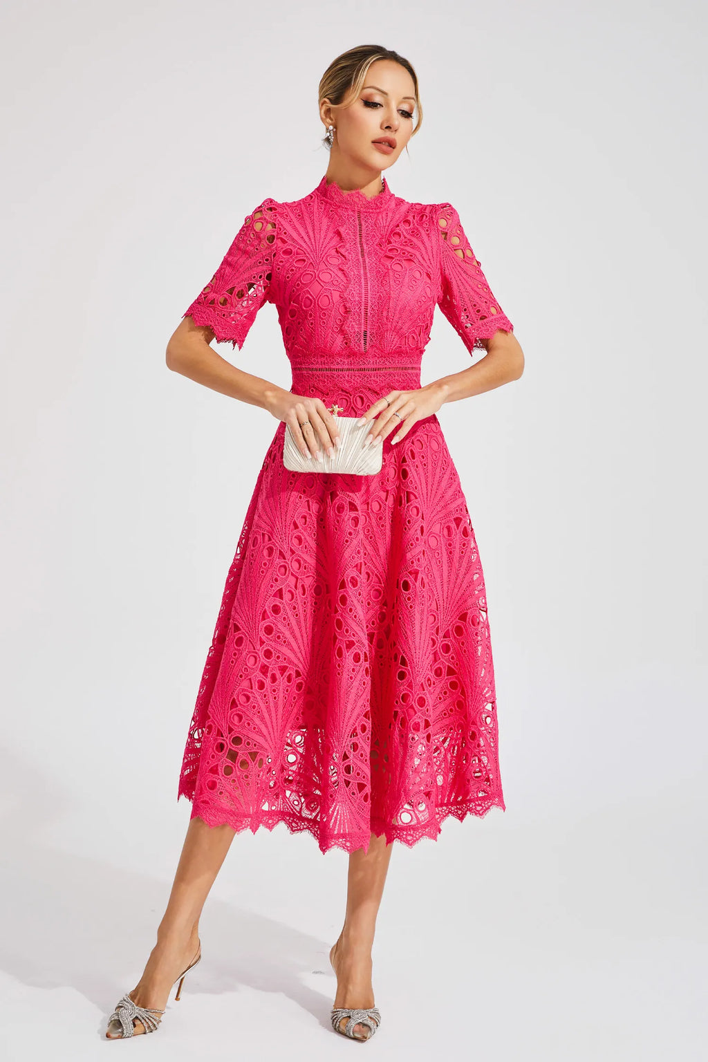 Women's Short Sleeve Lace Midi Dress Wedding Guest Summer Formal Elegant Scoop Neckline