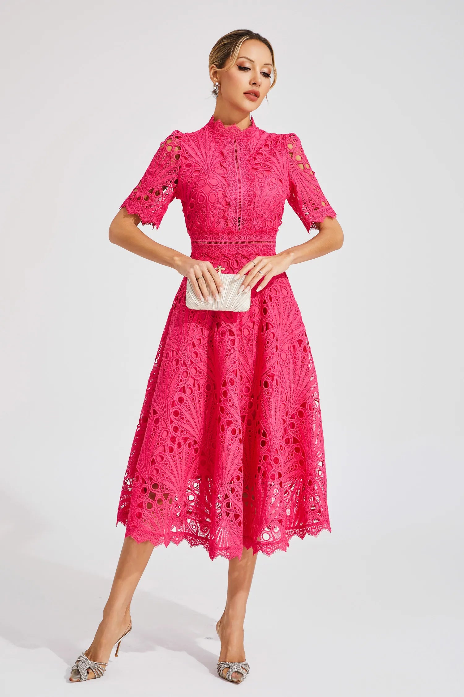 Women's Short Sleeve Lace Midi Dress Wedding Guest Summer Formal Elegant Scoop Neckline