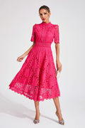 Women's Short Sleeve Lace Midi Dress Wedding Guest Summer Formal Elegant Scoop Neckline