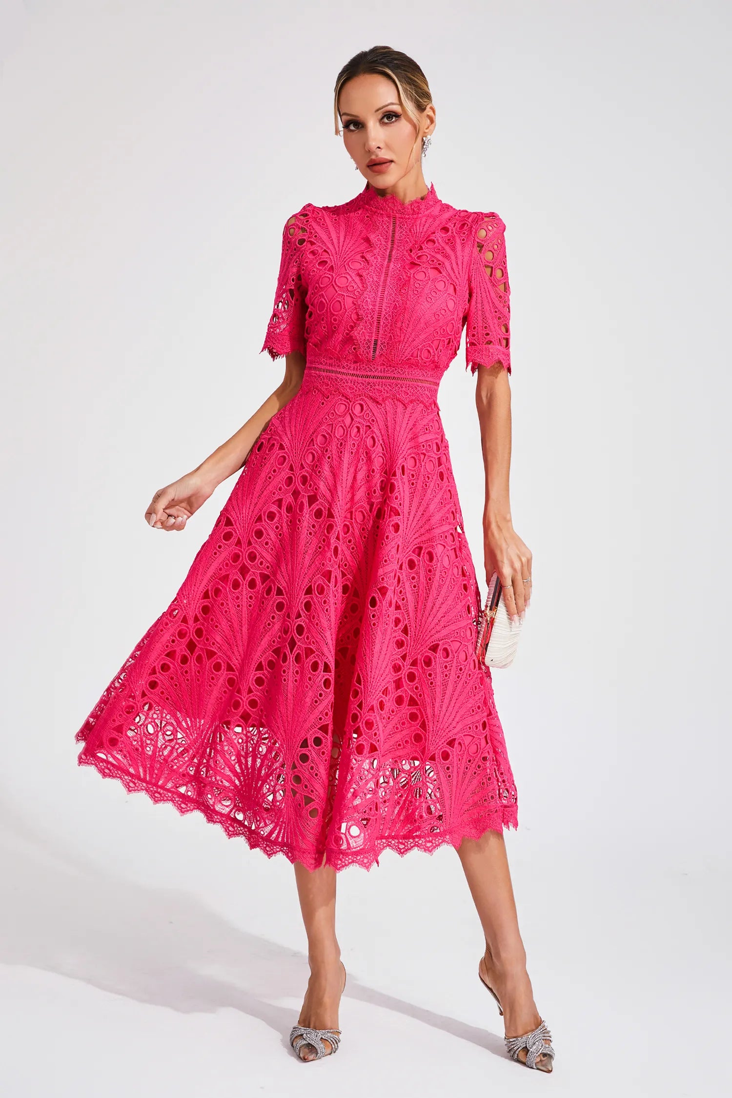 Women's Short Sleeve Lace Midi Dress Wedding Guest Summer Formal Elegant Scoop Neckline