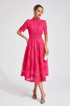 Women's Short Sleeve Lace Midi Dress Wedding Guest Summer Formal Elegant Scoop Neckline