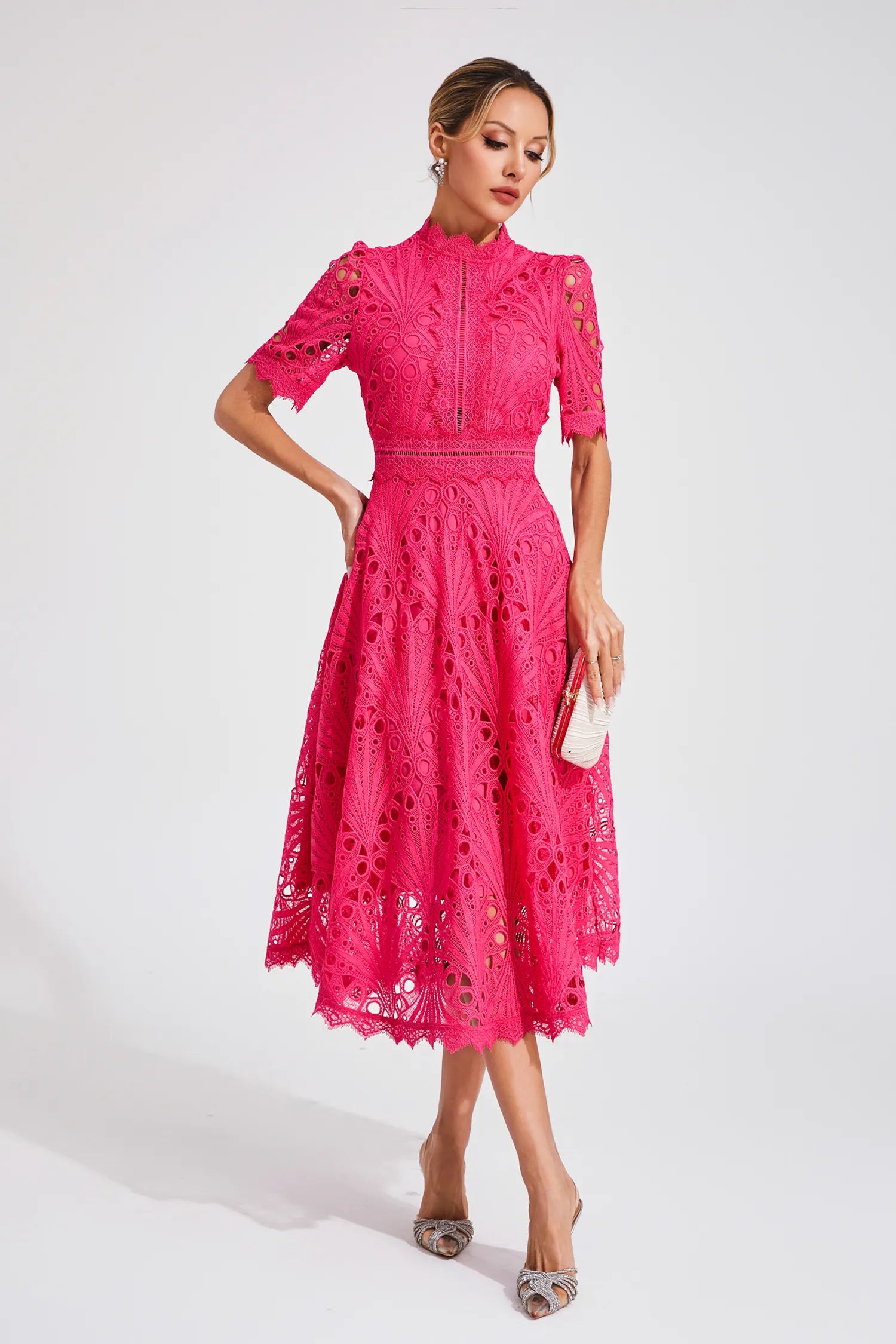 Women's Short Sleeve Lace Midi Dress Wedding Guest Summer Formal Elegant Scoop Neckline