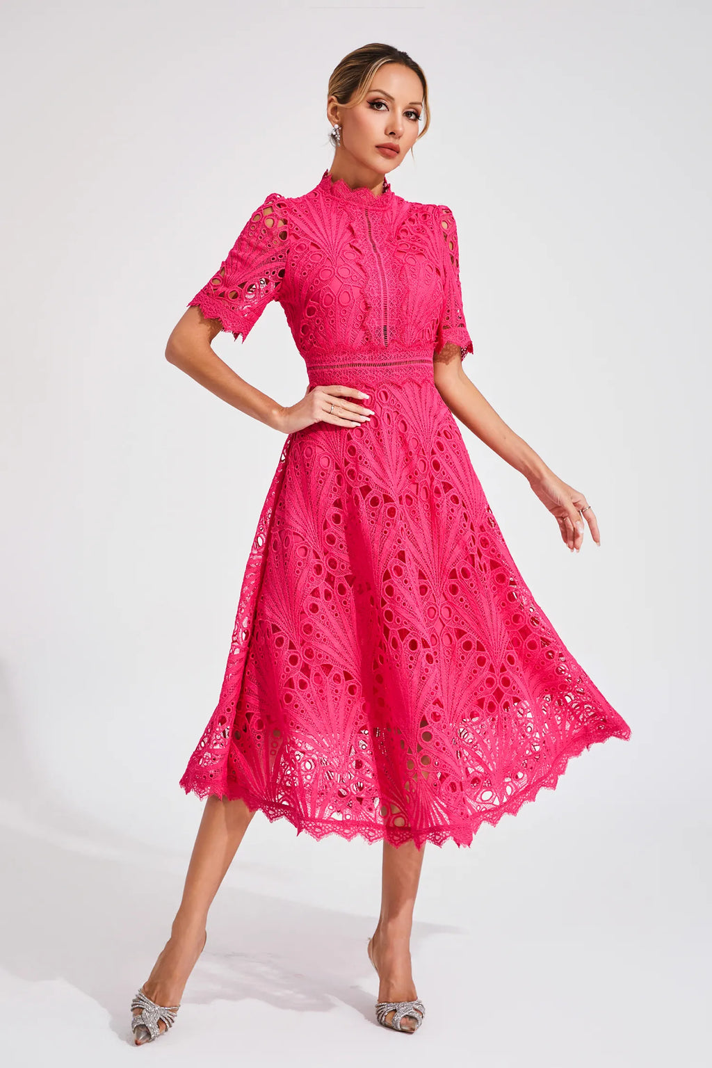 Women's Short Sleeve Lace Midi Dress Wedding Guest Summer Formal Elegant Scoop Neckline
