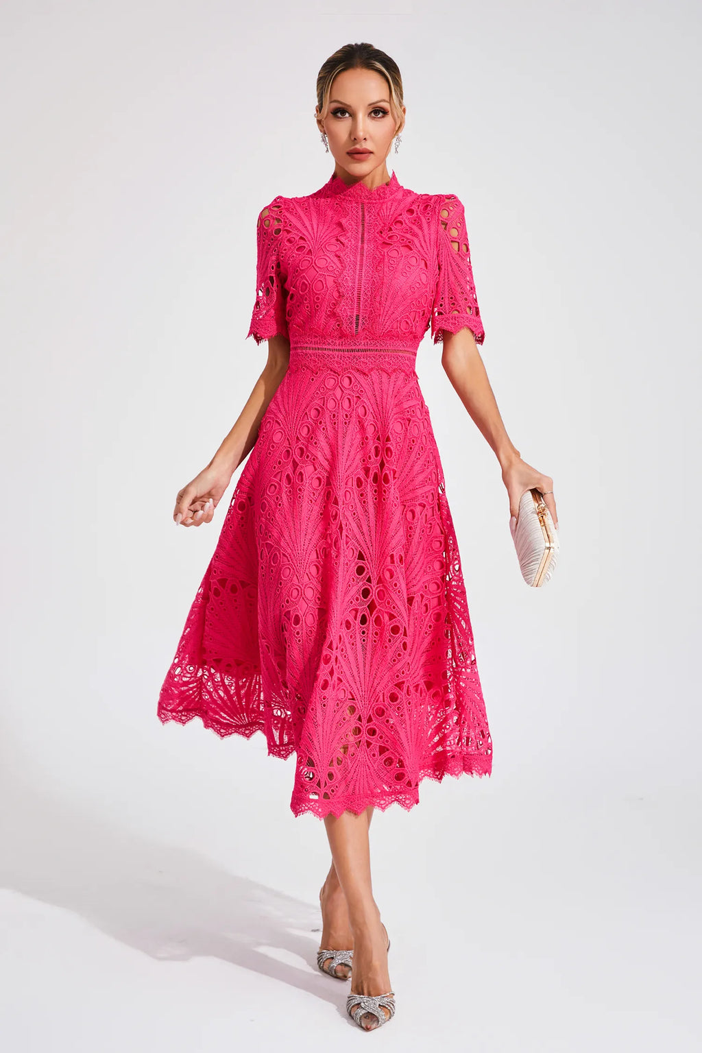 Women's Short Sleeve Lace Midi Dress Wedding Guest Summer Formal Elegant Scoop Neckline