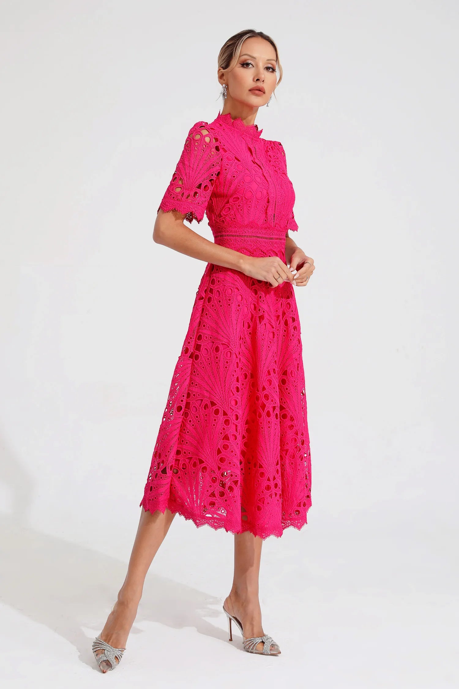 Women's Short Sleeve Lace Midi Dress Wedding Guest Summer Formal Elegant Scoop Neckline