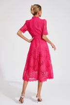 Women's Short Sleeve Lace Midi Dress Wedding Guest Summer Formal Elegant Scoop Neckline
