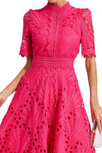 Women's Short Sleeve Lace Midi Dress Wedding Guest Summer Formal Elegant Scoop Neckline