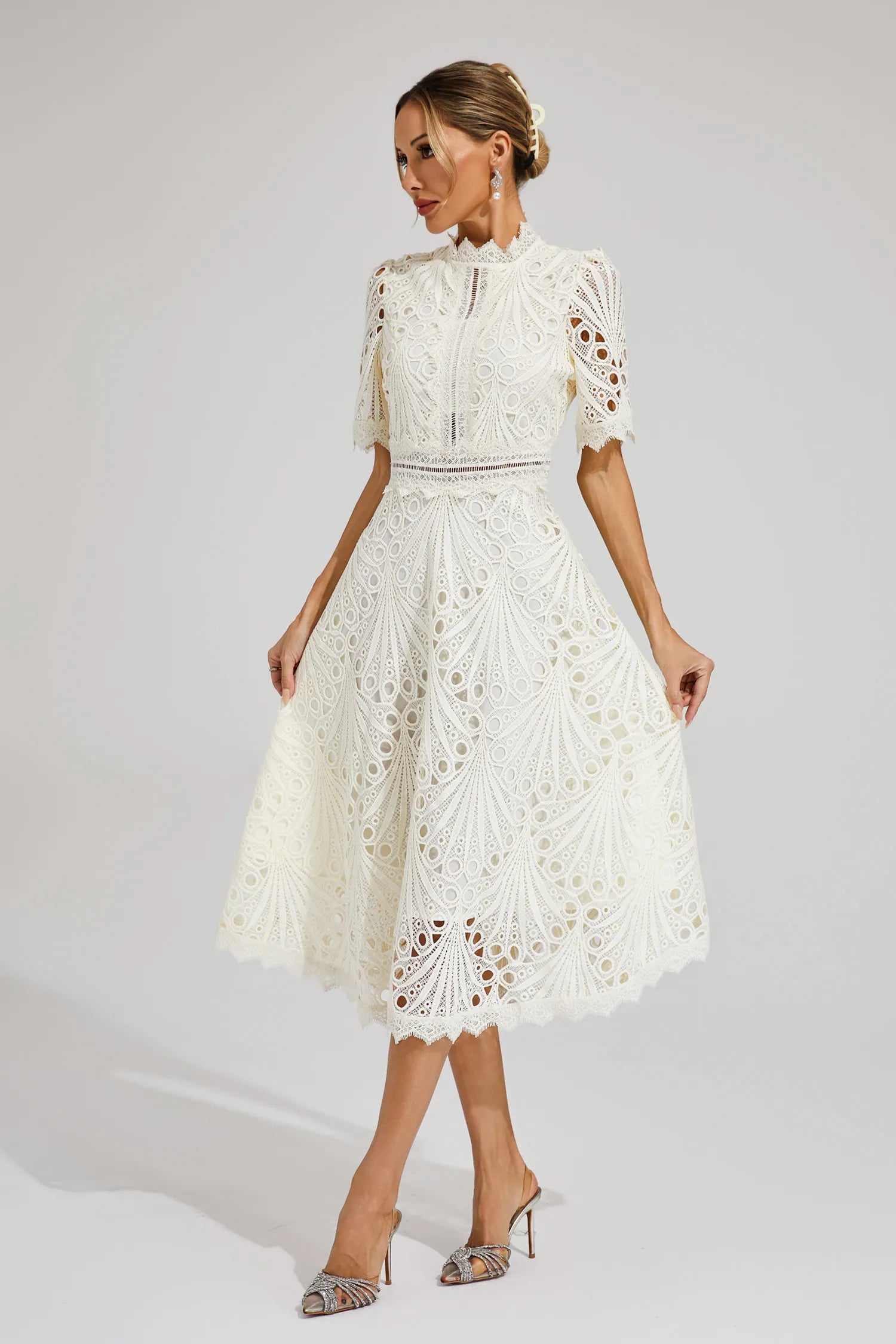 Women's Short Sleeve Lace Midi Dress Wedding Guest Summer Formal Elegant Scoop Neckline