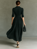 Women's Solid Color Pleated Maxi Dress Lapel Belted Waist Long Sleeve Elegant Casual – Black