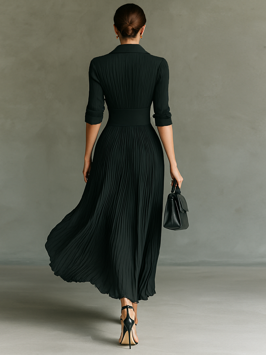 Women's Solid Color Pleated Maxi Dress Lapel Belted Waist Long Sleeve Elegant Casual – Black