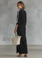 Women's Minimalist Casual Summer Long Dress Button-Down Collar White Trim Chic – Black