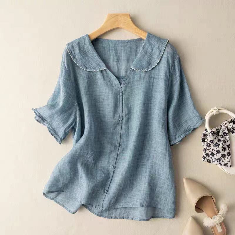 Women's Vintage Blouse Button Detail Peter Pan Collar Long Sleeve Soft Casual Elegant – Kristi