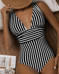 Women's Modern Striped One-Piece Swimsuit Plunge V-Neck Sculpting Waist Stretch Beach Summer Swimwear