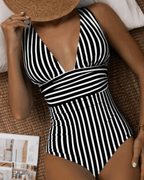 Women's Modern Striped One-Piece Swimsuit Plunge V-Neck Sculpting Waist Stretch Beach Summer Swimwear