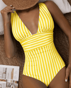 Women's Modern Striped One-Piece Swimsuit Plunge V-Neck Sculpting Waist Stretch Beach Summer Swimwear