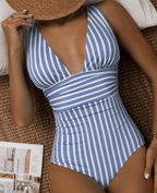 Women's Modern Striped One-Piece Swimsuit Plunge V-Neck Sculpting Waist Stretch Beach Summer Swimwear