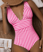 Women's Modern Striped One-Piece Swimsuit Plunge V-Neck Sculpting Waist Stretch Beach Summer Swimwear