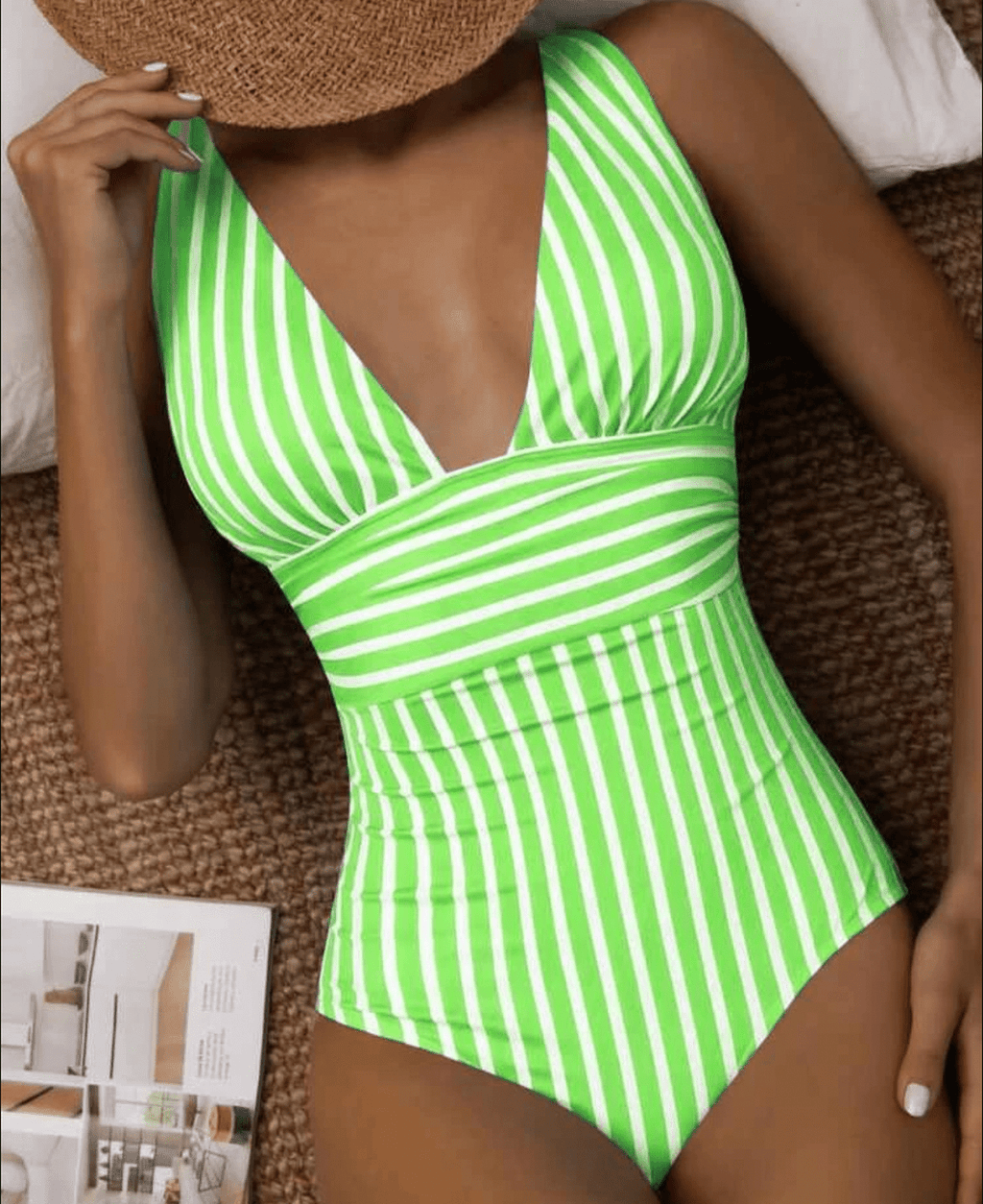 Women's Modern Striped One-Piece Swimsuit Plunge V-Neck Sculpting Waist Stretch Beach Summer Swimwear