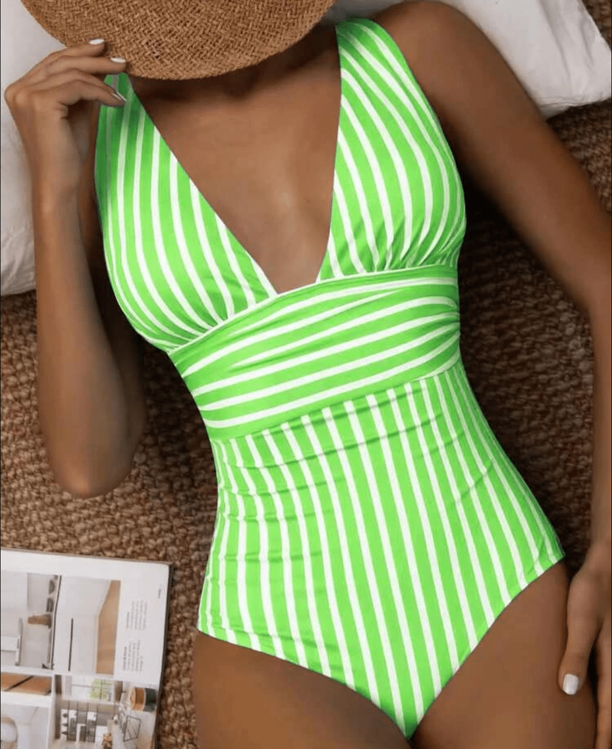 Women's Modern Striped One-Piece Swimsuit Plunge V-Neck Sculpting Waist Stretch Beach Summer Swimwear
