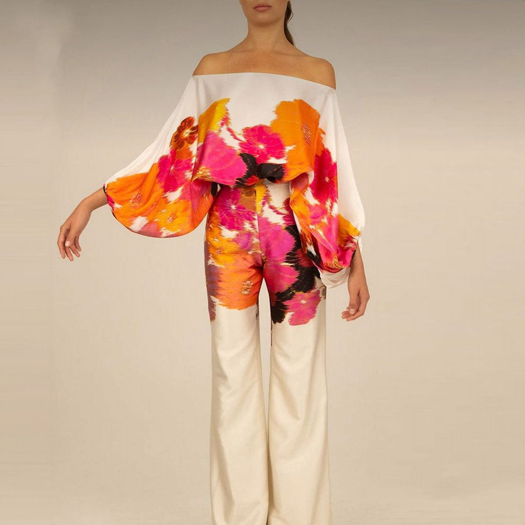 Women's Chic Summer Two-Piece Set Printed Flowy Top Wide-Leg Pants Casual Vacation Elegant Outfit