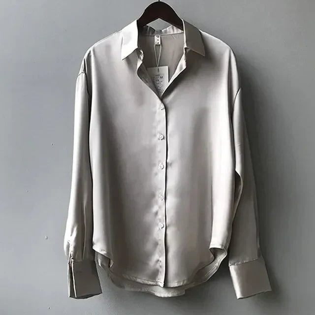 Women's Long Sleeve Button Down Satin Blouse Structured Collar Silky Elegant Work Evening – Stella