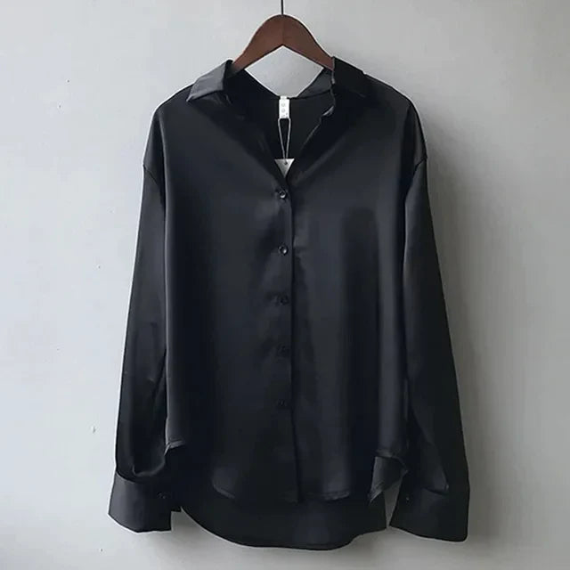 Women's Long Sleeve Button Down Satin Blouse Structured Collar Silky Elegant Work Evening – Stella