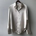Women's Long Sleeve Button Down Satin Blouse Structured Collar Silky Elegant Work Evening – Stella