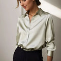 Women's Long Sleeve Button Down Satin Blouse Structured Collar Silky Elegant Work Evening – Stella