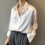 Women's Long Sleeve Button Down Satin Blouse Structured Collar Silky Elegant Work Evening – Stella