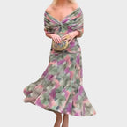Women's Elegant Off-Shoulder Midi Dress Draped Ruched Bodice Floral Feminine – Lowenna