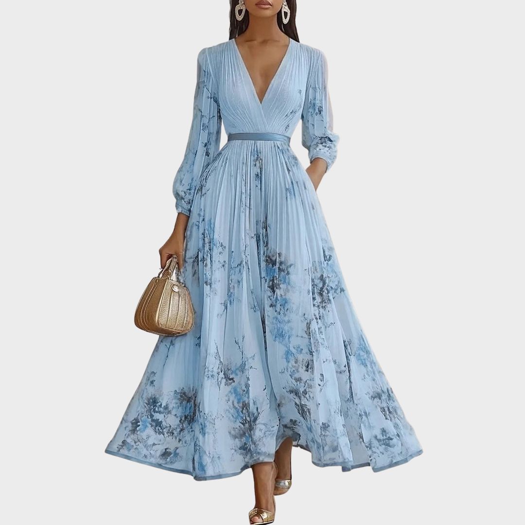 Women's Elegant Pleated Floral Long Dress V-Neck Long Sleeve Ribbon Waist Formal Casual – Rowella