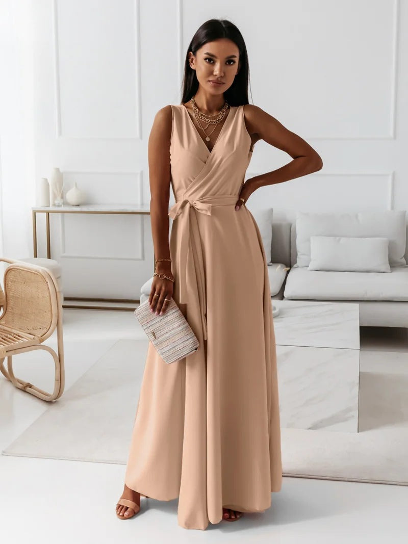 Women's Long Wedding Guest Dress Elegant Wrap Bodice Fluid Silhouette Formal Ceremony Gown