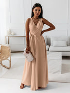 Women's Long Wedding Guest Dress Elegant Wrap Bodice Fluid Silhouette Formal Ceremony Gown