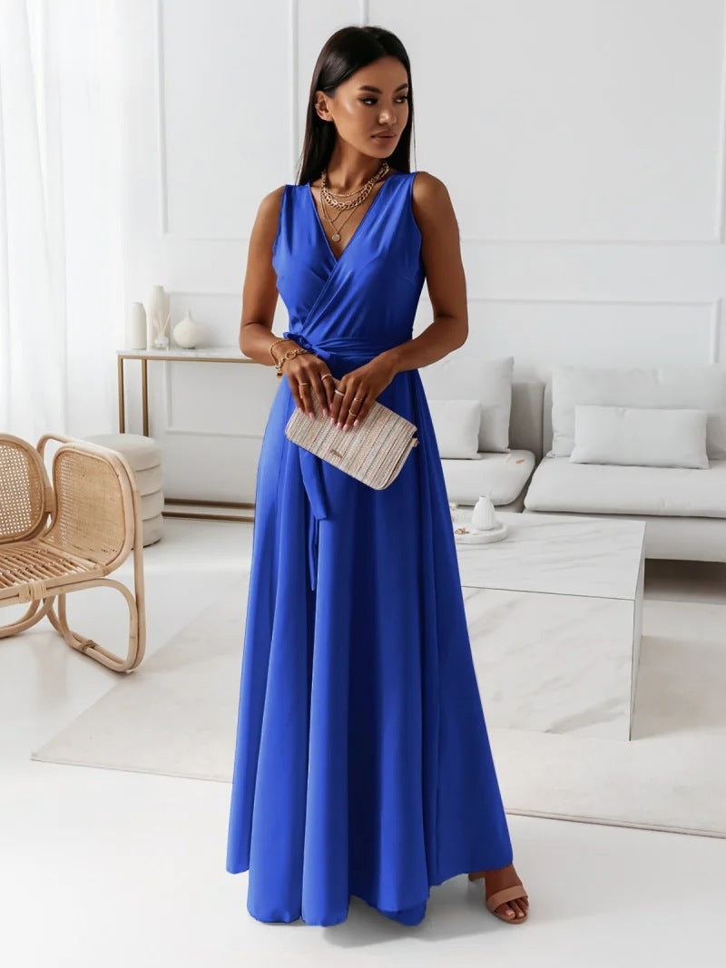 Women's Long Wedding Guest Dress Elegant Wrap Bodice Fluid Silhouette Formal Ceremony Gown