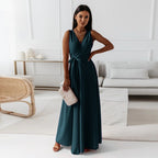Women's Long Wedding Guest Dress Elegant Wrap Bodice Fluid Silhouette Formal Ceremony Gown