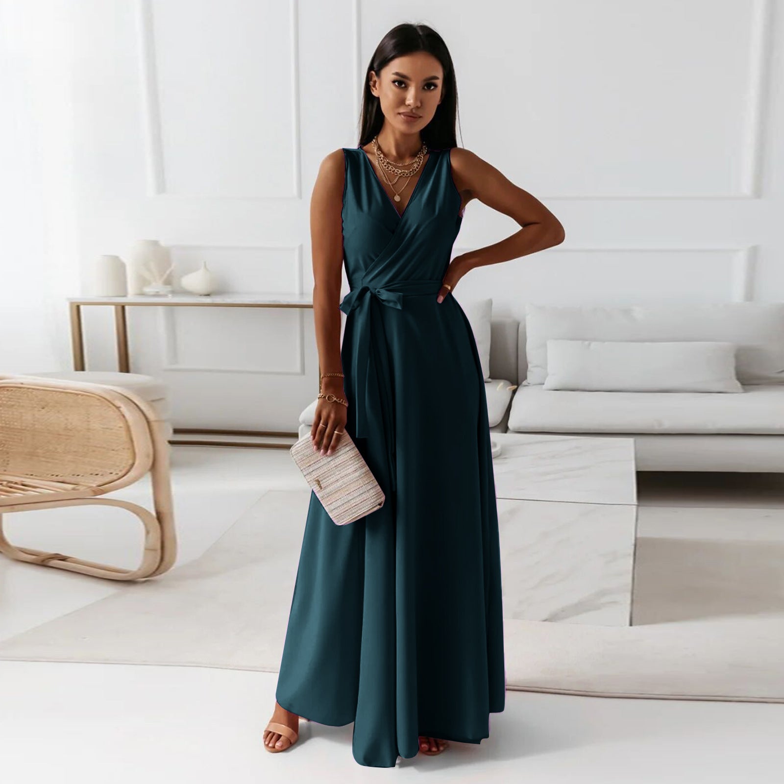 Women's Long Wedding Guest Dress Elegant Wrap Bodice Fluid Silhouette Formal Ceremony Gown