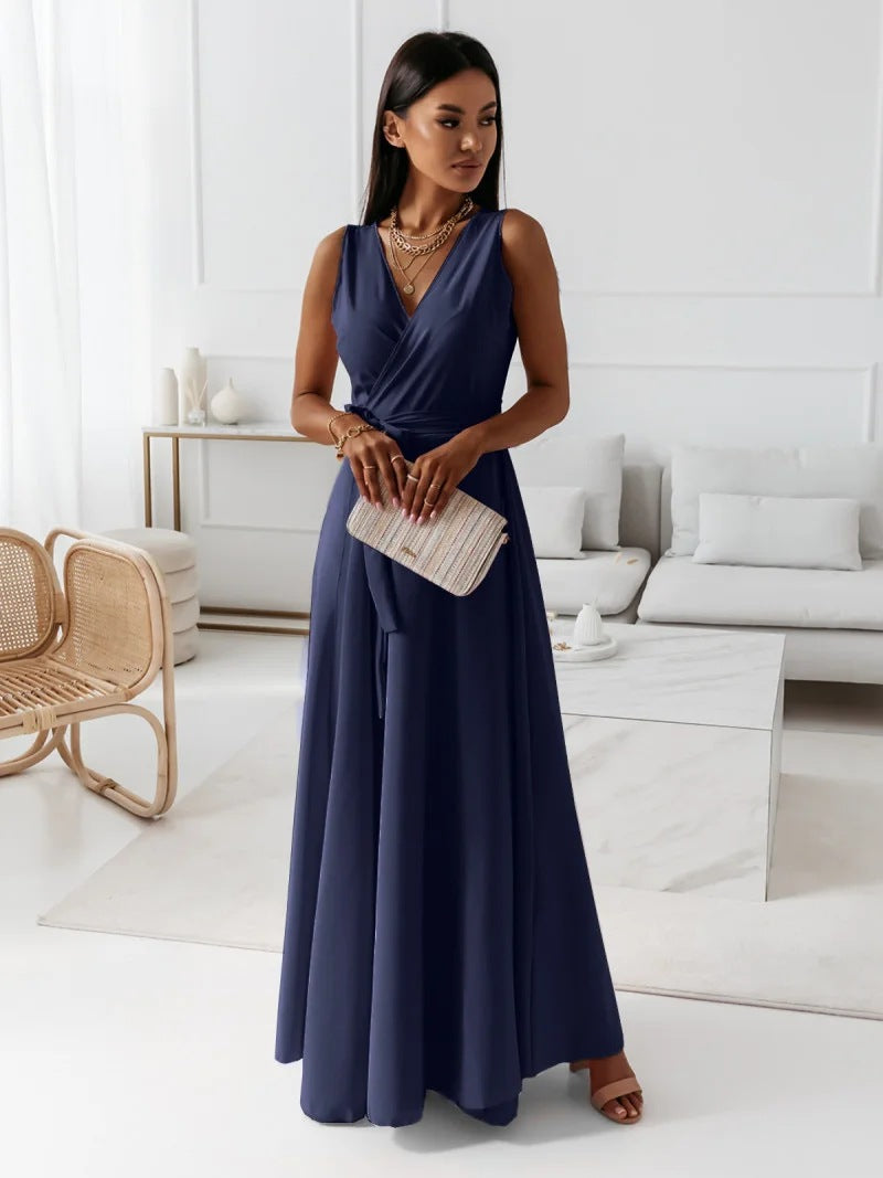 Women's Long Wedding Guest Dress Elegant Wrap Bodice Fluid Silhouette Formal Ceremony Gown