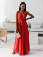 Women's Long Wedding Guest Dress Elegant Wrap Bodice Fluid Silhouette Formal Ceremony Gown