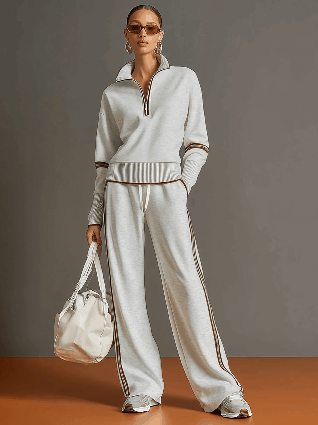Women's Retro Sporty Two-Piece Set Half-Zip Sweatshirt Wide-Leg Pants Striped Webbing Casual – Grey White
