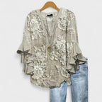 Women's Lightweight Floral Print Blouse Ruffle Bell Sleeve V-Neck Casual Elegant Everyday Top – Kay