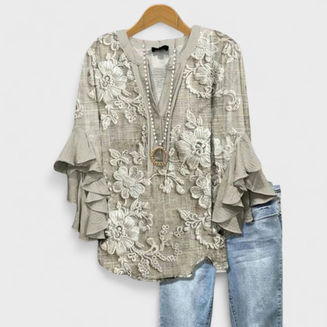 Women's Lightweight Floral Print Blouse Ruffle Bell Sleeve V-Neck Casual Elegant Everyday Top – Kay
