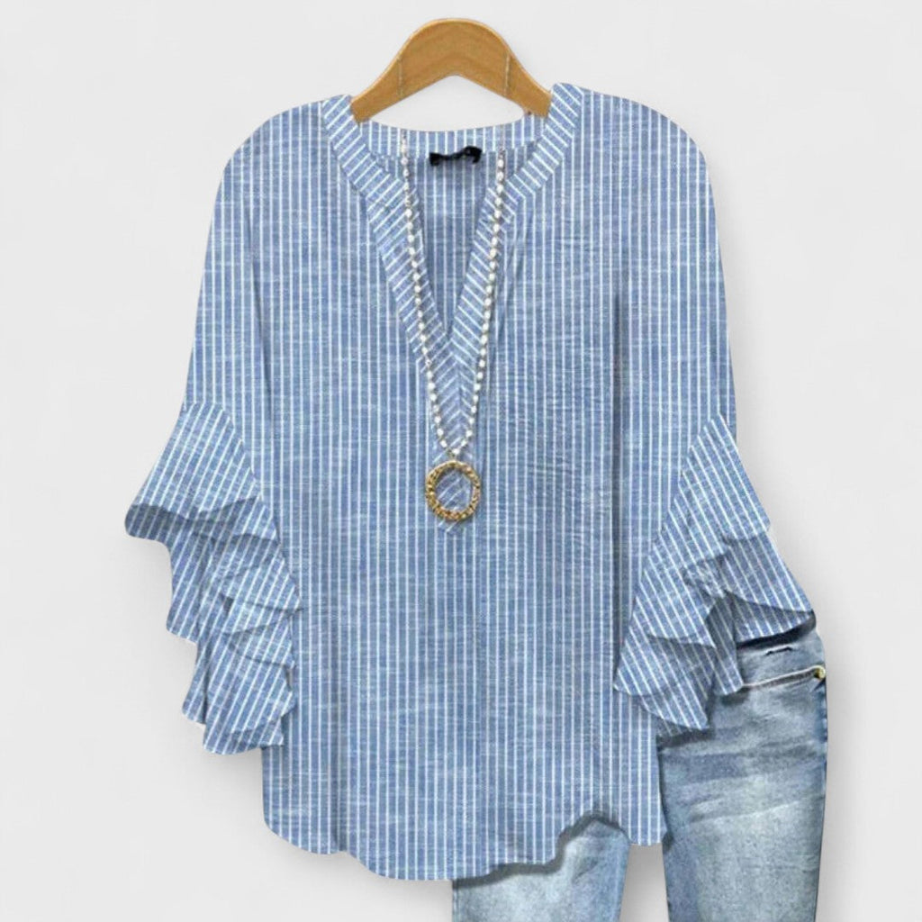 Women's Lightweight Floral Print Blouse Ruffle Bell Sleeve V-Neck Casual Elegant Everyday Top – Kay