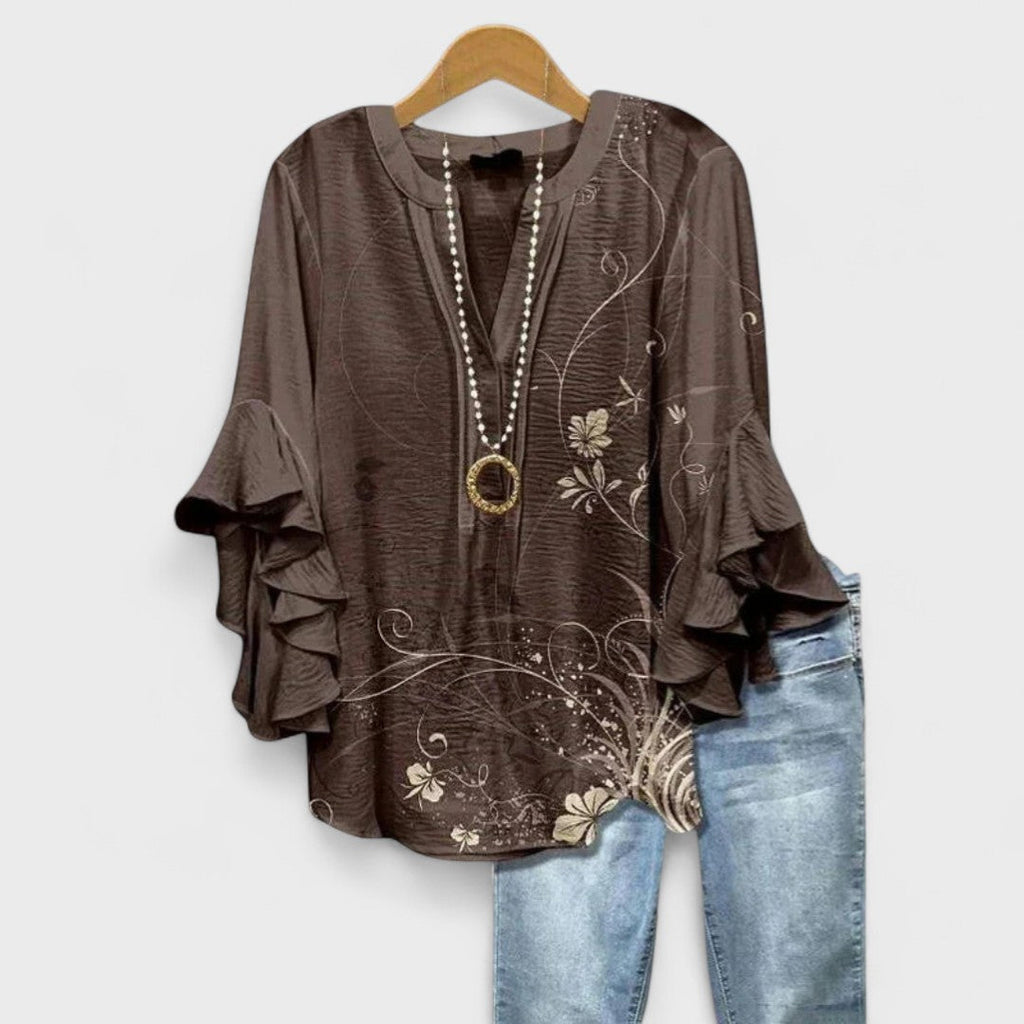 Women's Lightweight Floral Print Blouse Ruffle Bell Sleeve V-Neck Casual Elegant Everyday Top – Kay