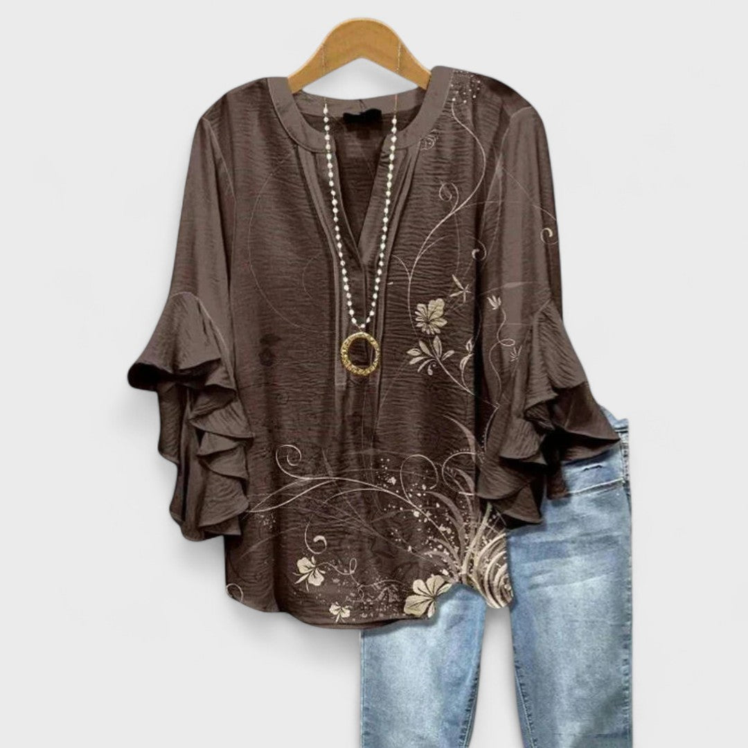 Women's Lightweight Floral Print Blouse Ruffle Bell Sleeve V-Neck Casual Elegant Everyday Top – Kay
