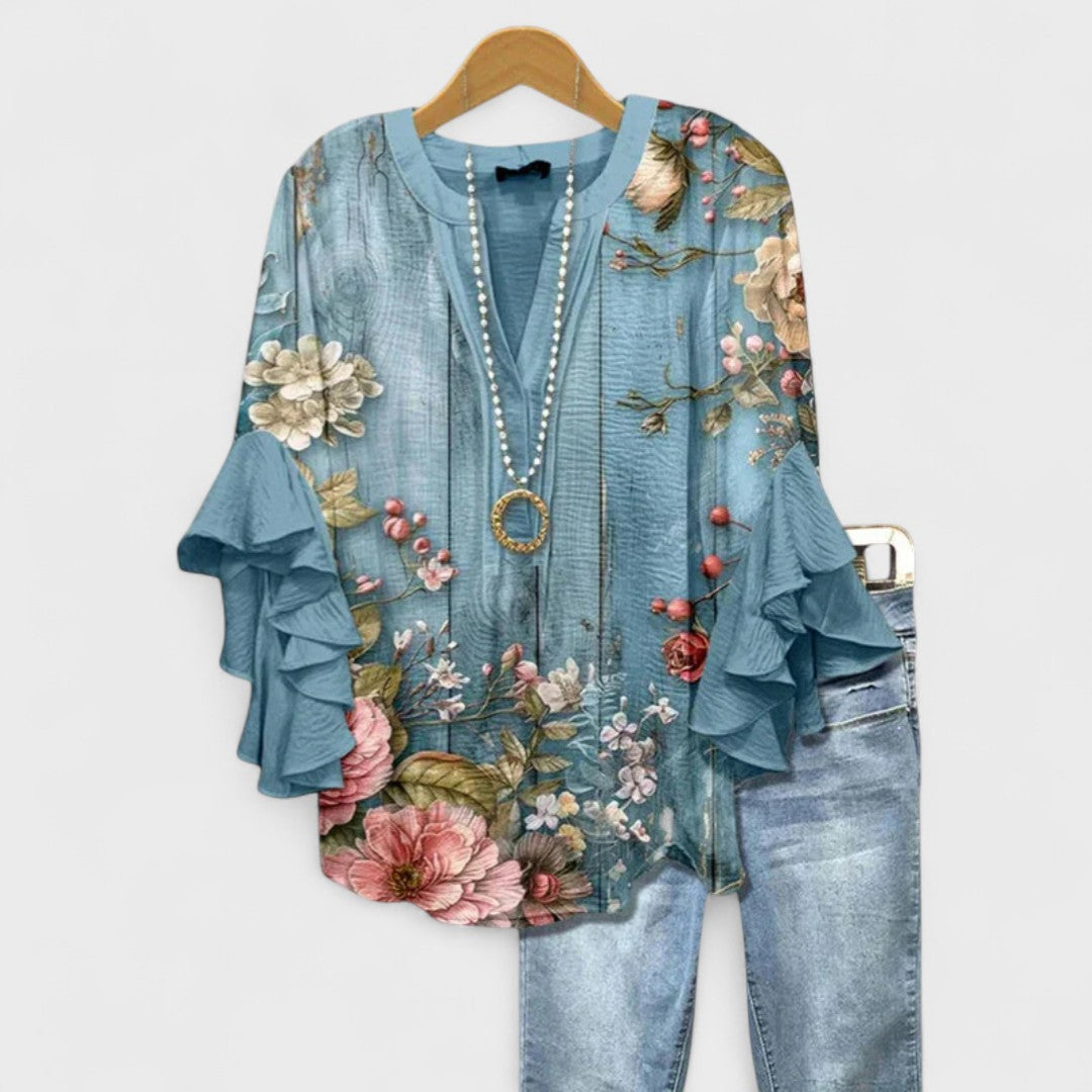 Women's Lightweight Floral Print Blouse Ruffle Bell Sleeve V-Neck Casual Elegant Everyday Top – Kay