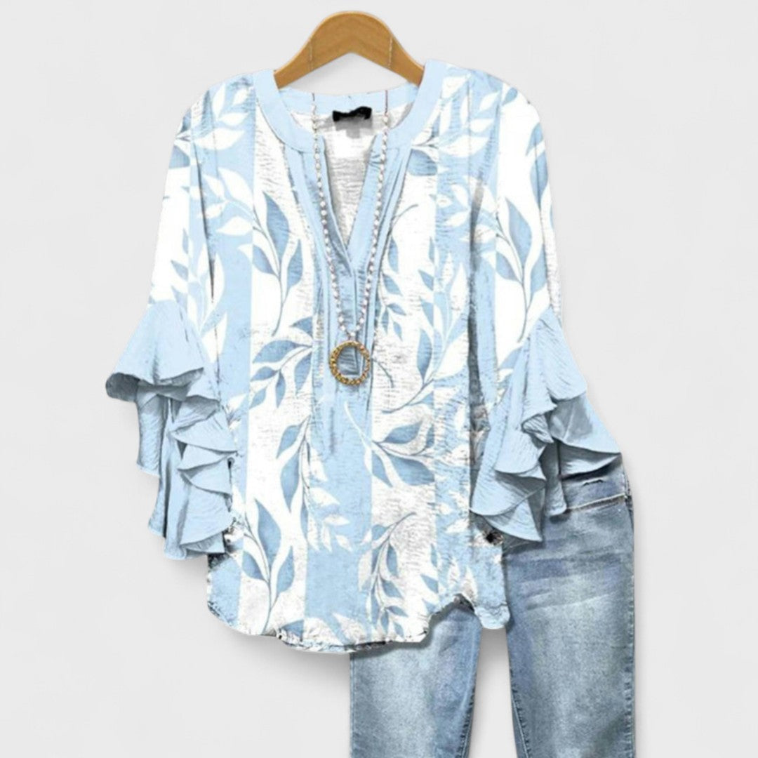 Women's Lightweight Floral Print Blouse Ruffle Bell Sleeve V-Neck Casual Elegant Everyday Top – Kay