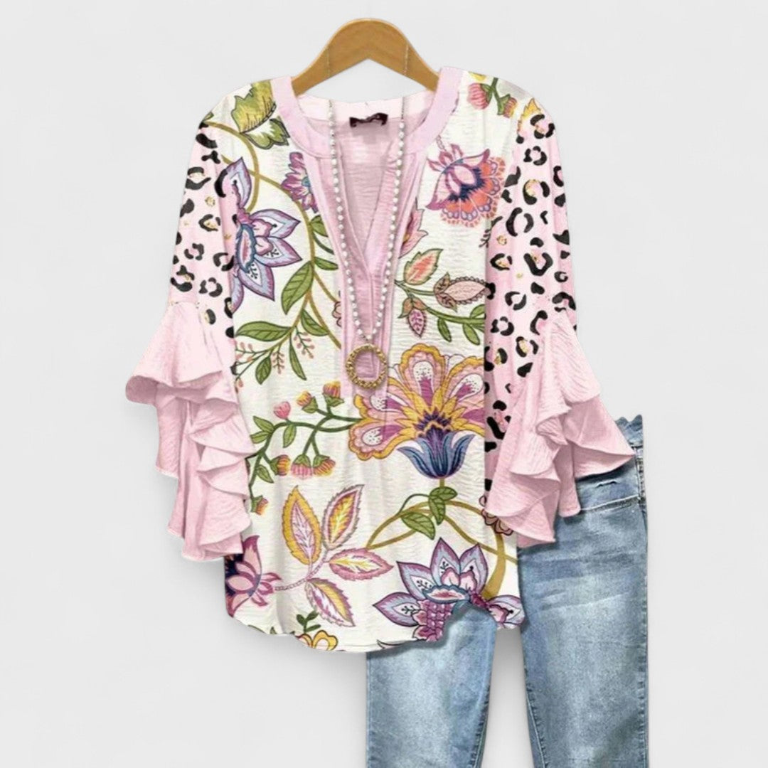 Women's Lightweight Floral Print Blouse Ruffle Bell Sleeve V-Neck Casual Elegant Everyday Top – Kay