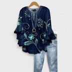 Women's Lightweight Floral Print Blouse Ruffle Bell Sleeve V-Neck Casual Elegant Everyday Top – Kay