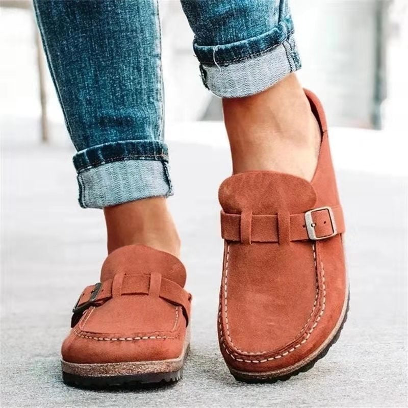Women's Retro Suede Buckle Clog Mules Slip-On Flat Arch Support Casual Everyday Shoes – Marley