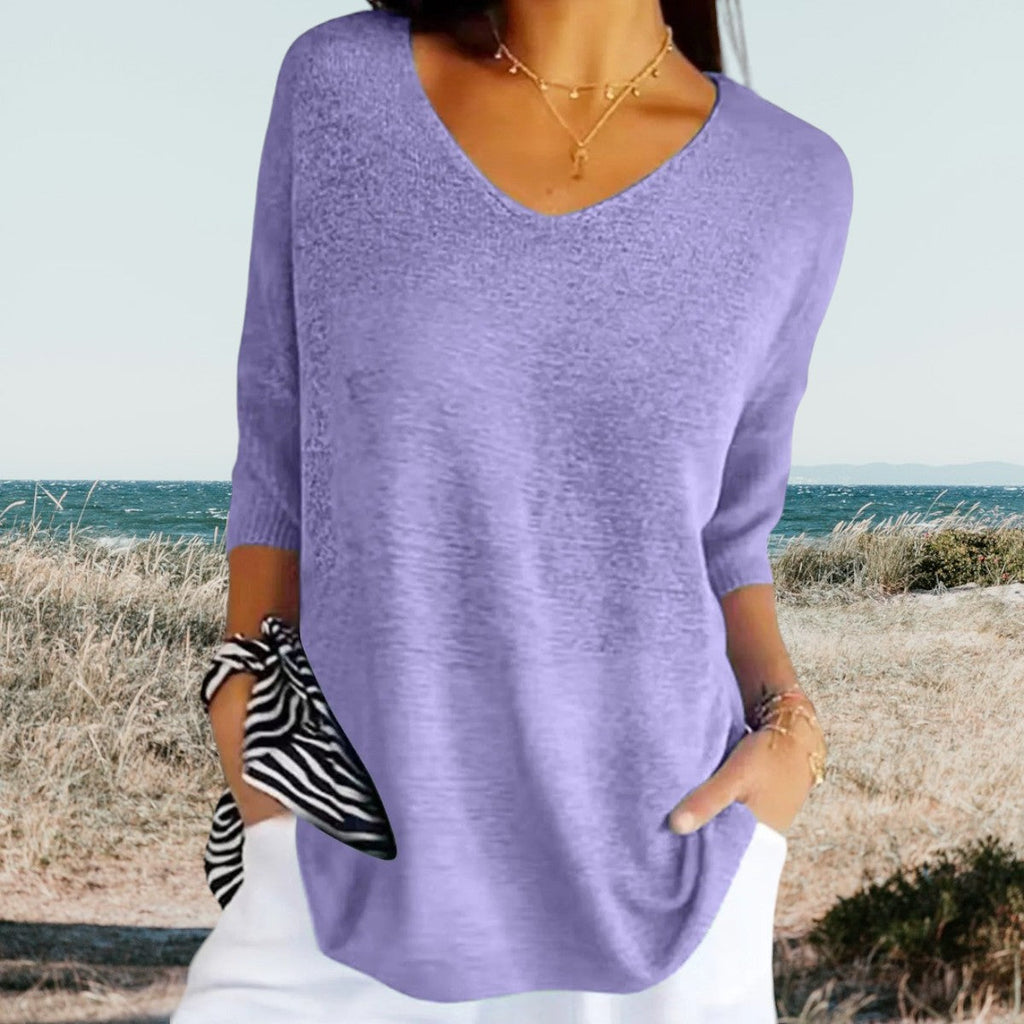 Women's Summer V-Neck Knit Top Lightweight Relaxed Fit Casual Everyday Versatile Soft – Gerda